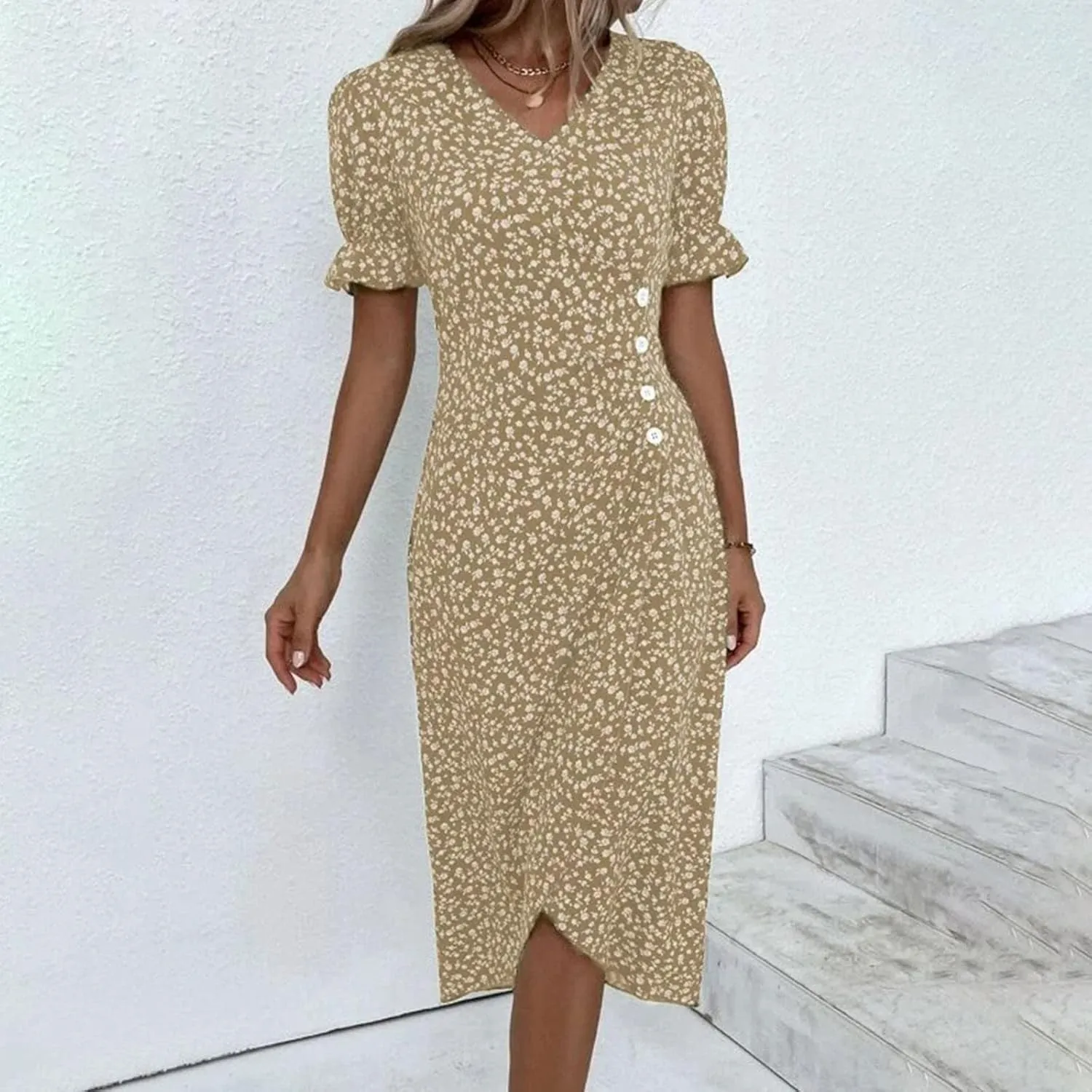 Women's Summer Short Sleeve A-Line Midi Dresses Casual Floral V Neck Button T-Shirt Dress Flowy Beach Sundress for Women