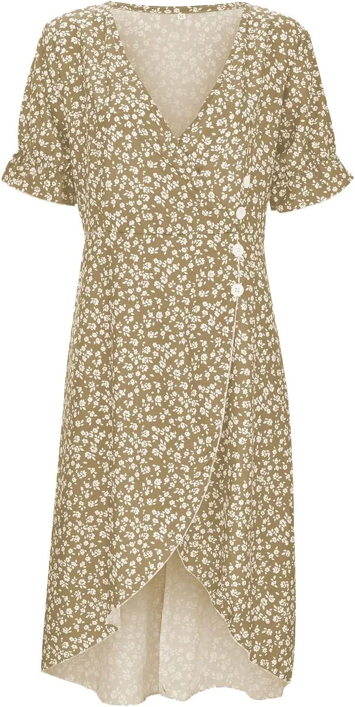 Women's Summer Short Sleeve A-Line Midi Dresses Casual Floral V Neck Button T-Shirt Dress Flowy Beach Sundress for Women