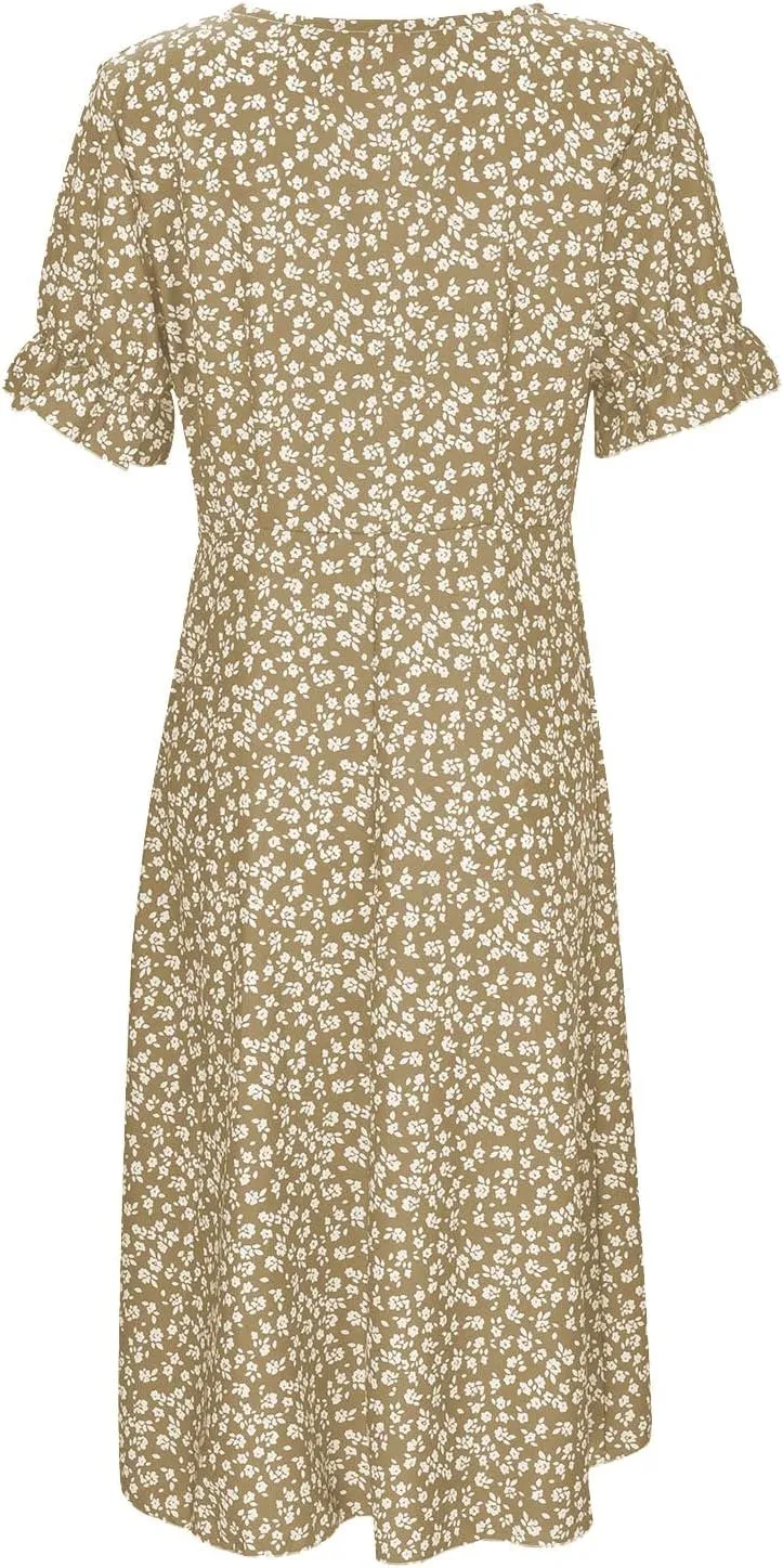 Women's Summer Short Sleeve A-Line Midi Dresses Casual Floral V Neck Button T-Shirt Dress Flowy Beach Sundress for Women