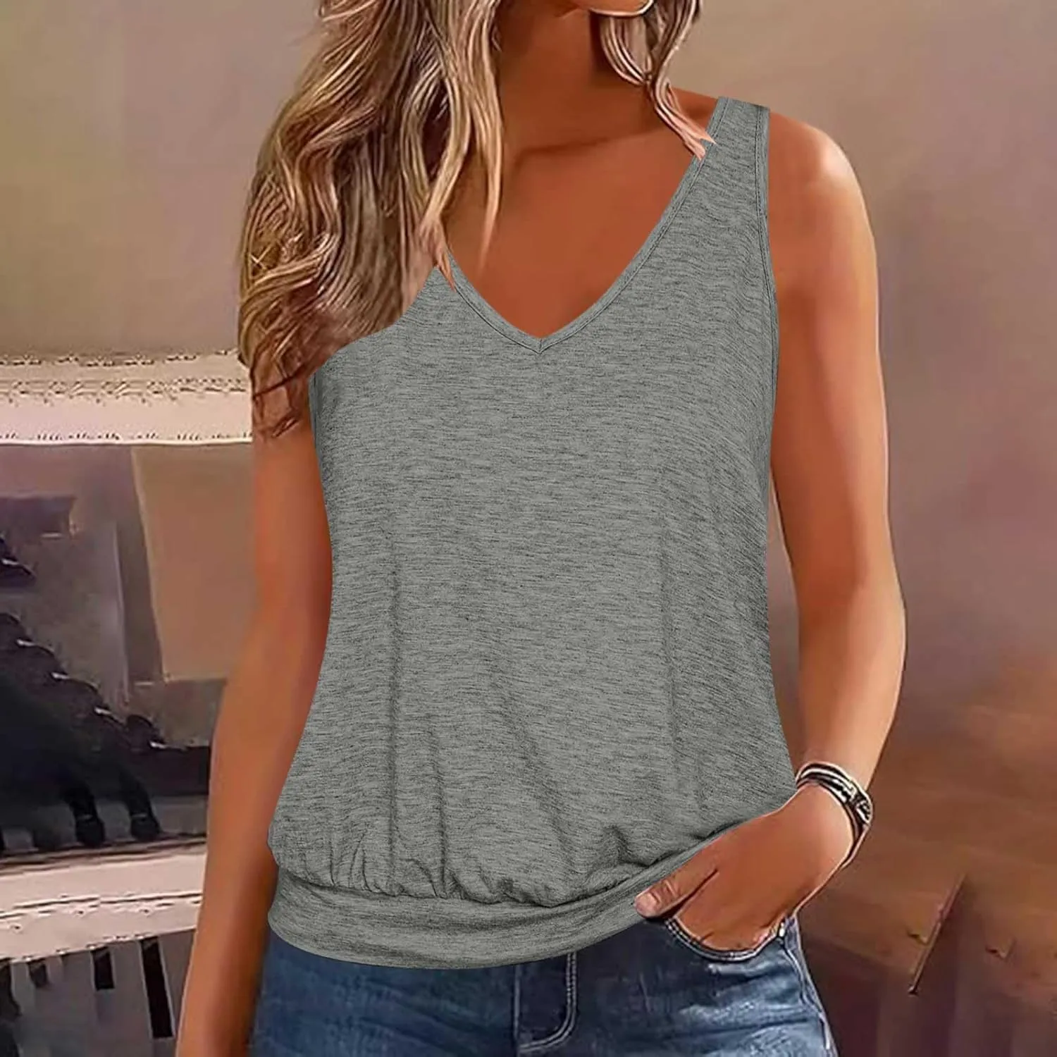 Womens Summer Tank Tops Sleeveless V Neck Banded Hem Bottom Stretch Shirts Casual Loose Fit Comfy Elastic Blouses
