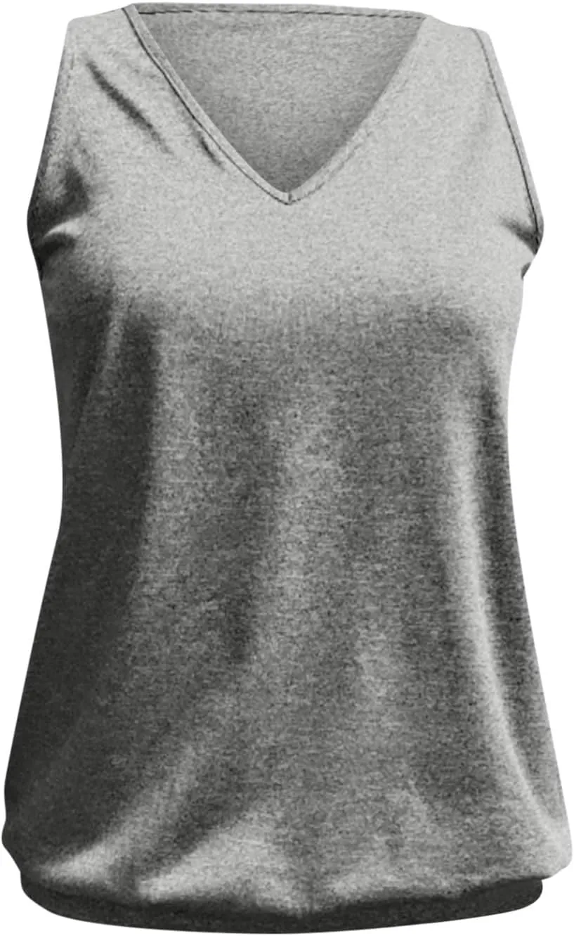 Womens Summer Tank Tops Sleeveless V Neck Banded Hem Bottom Stretch Shirts Casual Loose Fit Comfy Elastic Blouses