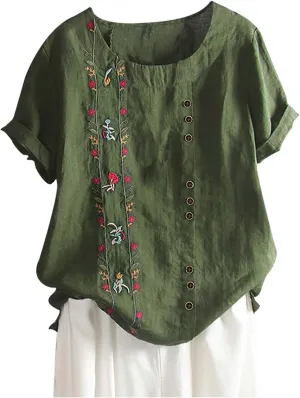 Women's Summer Tops Casual Cotton Linen T Shirts Short Sleeve Round Neck Shirt Oversized Floral Graphic Tees