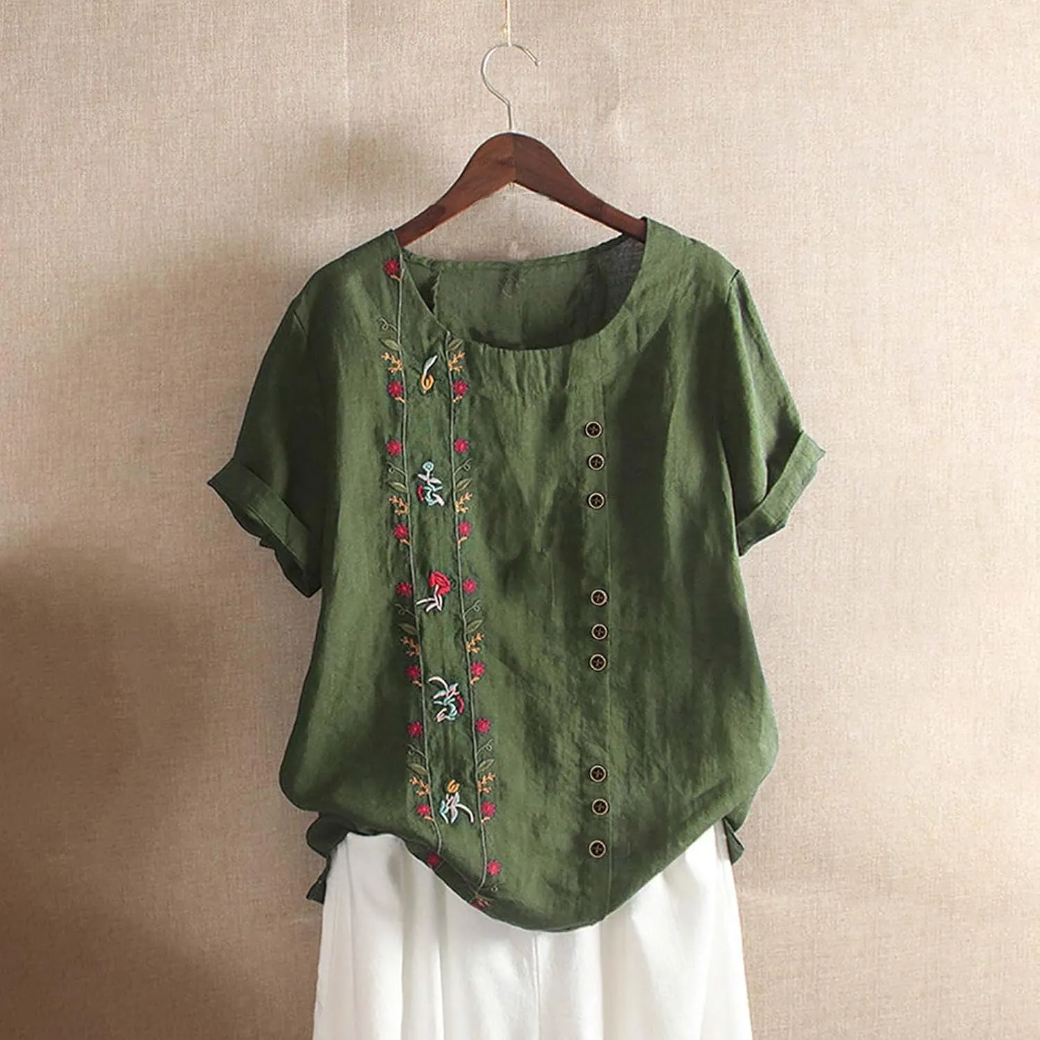 Women's Summer Tops Casual Cotton Linen T Shirts Short Sleeve Round Neck Shirt Oversized Floral Graphic Tees