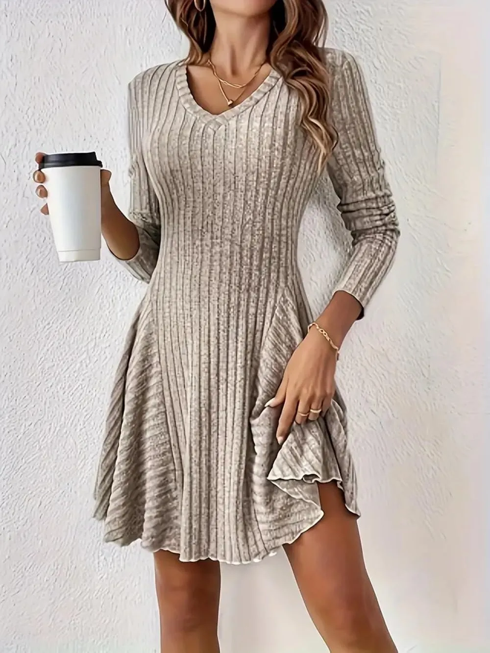Women's Sweater A-line Dress V-Neck Knitted Ribbed Short Dress Long Sleeve Textured Dress Fall Winter Casual Work Dress