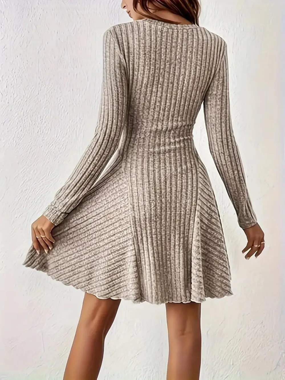 Women's Sweater A-line Dress V-Neck Knitted Ribbed Short Dress Long Sleeve Textured Dress Fall Winter Casual Work Dress