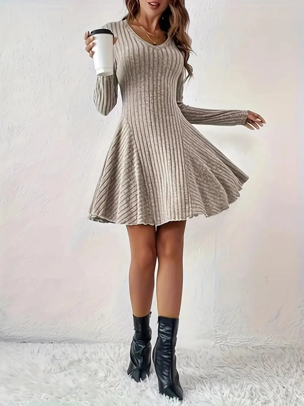 Women's Sweater A-line Dress V-Neck Knitted Ribbed Short Dress Long Sleeve Textured Dress Fall Winter Casual Work Dress