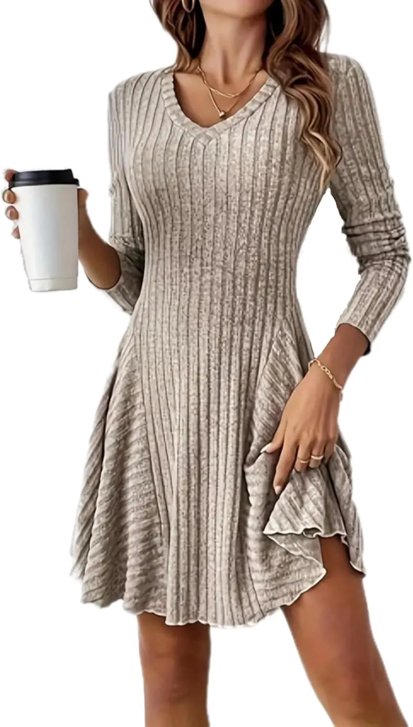Women's Sweater A-line Dress V-Neck Knitted Ribbed Short Dress Long Sleeve Textured Dress Fall Winter Casual Work Dress