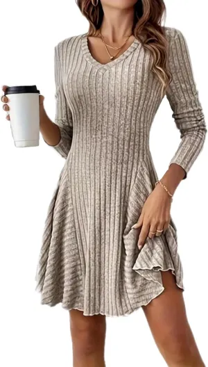 Women's Sweater A-line Dress V-Neck Knitted Ribbed Short Dress Long Sleeve Textured Dress Fall Winter Casual Work Dress