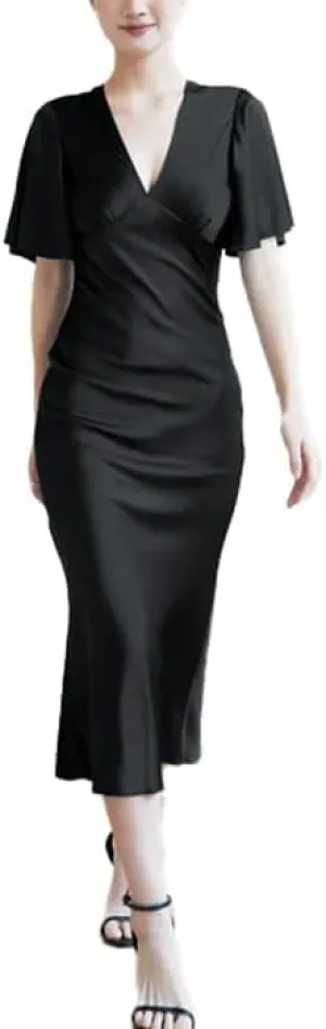 Womens V Neck Silk Slip Dress 100 Percent Mulberry Silk Satin Midi Dress with Flutter Sleeves Elegant Summer Evening Outfit