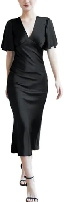 Womens V Neck Silk Slip Dress 100 Percent Mulberry Silk Satin Midi Dress with Flutter Sleeves Elegant Summer Evening Outfit