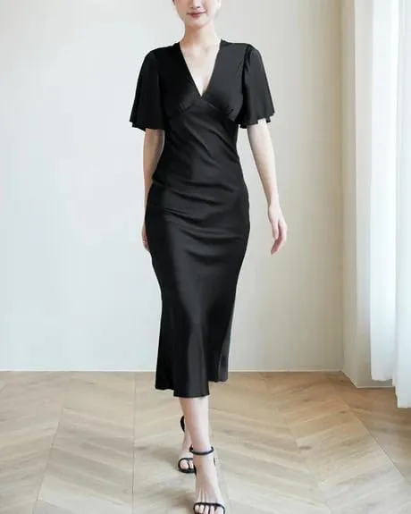 Womens V Neck Silk Slip Dress 100 Percent Mulberry Silk Satin Midi Dress with Flutter Sleeves Elegant Summer Evening Outfit