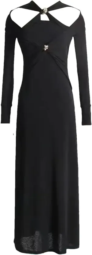 Women's White Crosscriss Hollow Out Knit Dress - V-Neck Long Sleeve Metal Button Slim Trendy