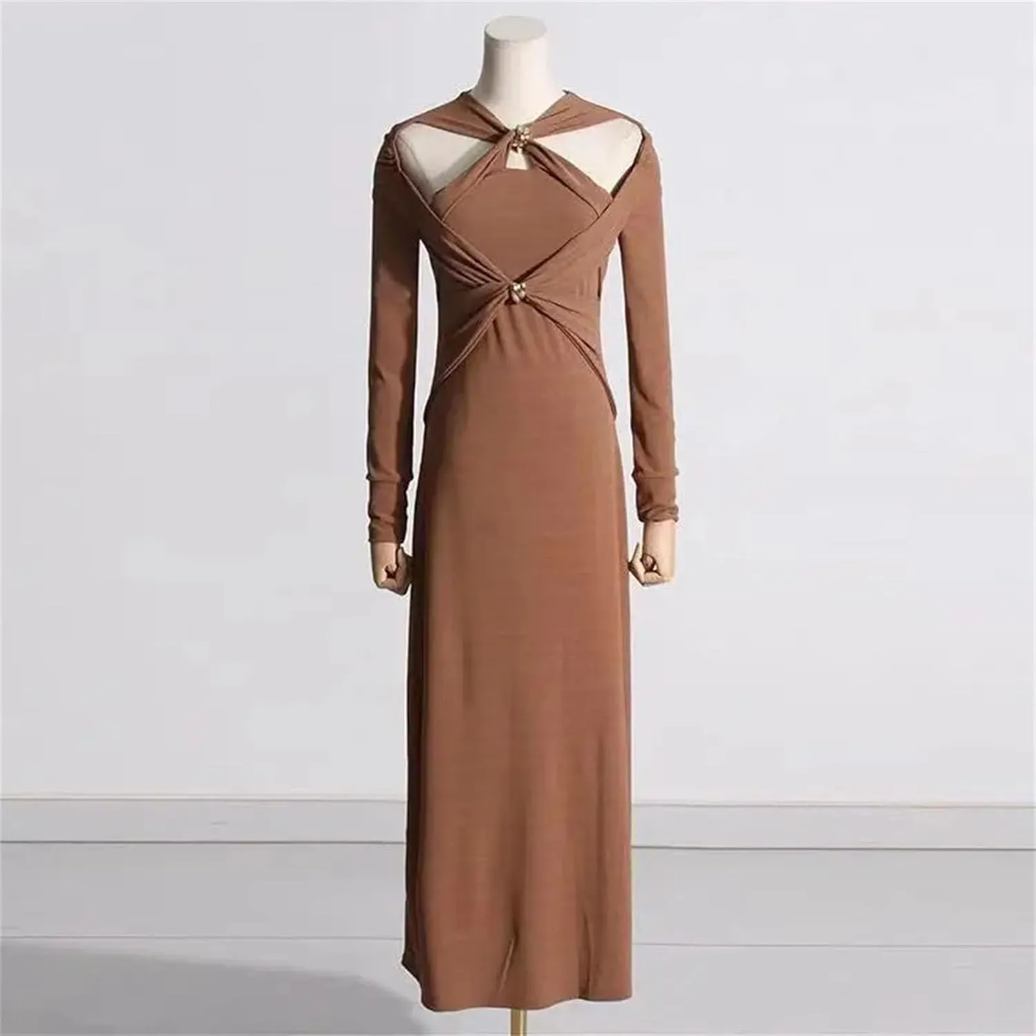 Women's White Crosscriss Hollow Out Knit Dress - V-Neck Long Sleeve Metal Button Slim Trendy