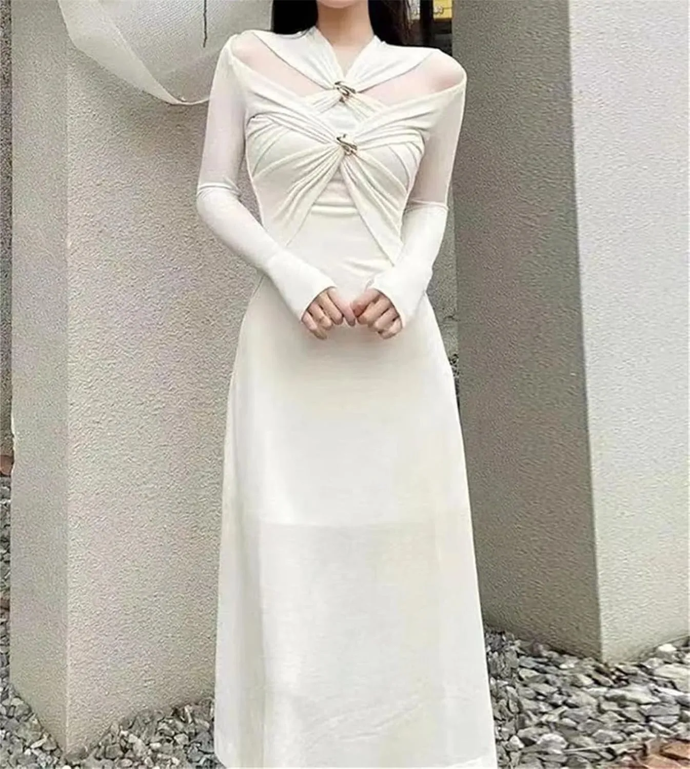 Women's White Crosscriss Hollow Out Knit Dress - V-Neck Long Sleeve Metal Button Slim Trendy