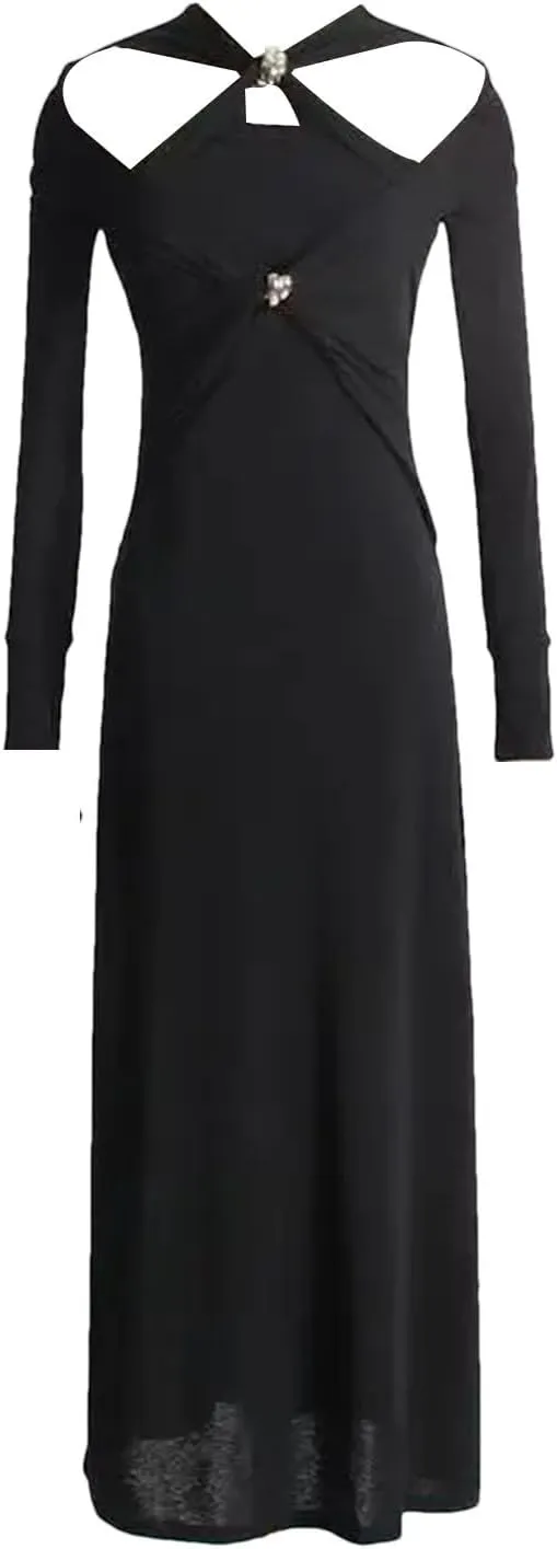 Women's White Crosscriss Hollow Out Knit Dress - V-Neck Long Sleeve Metal Button Slim Trendy