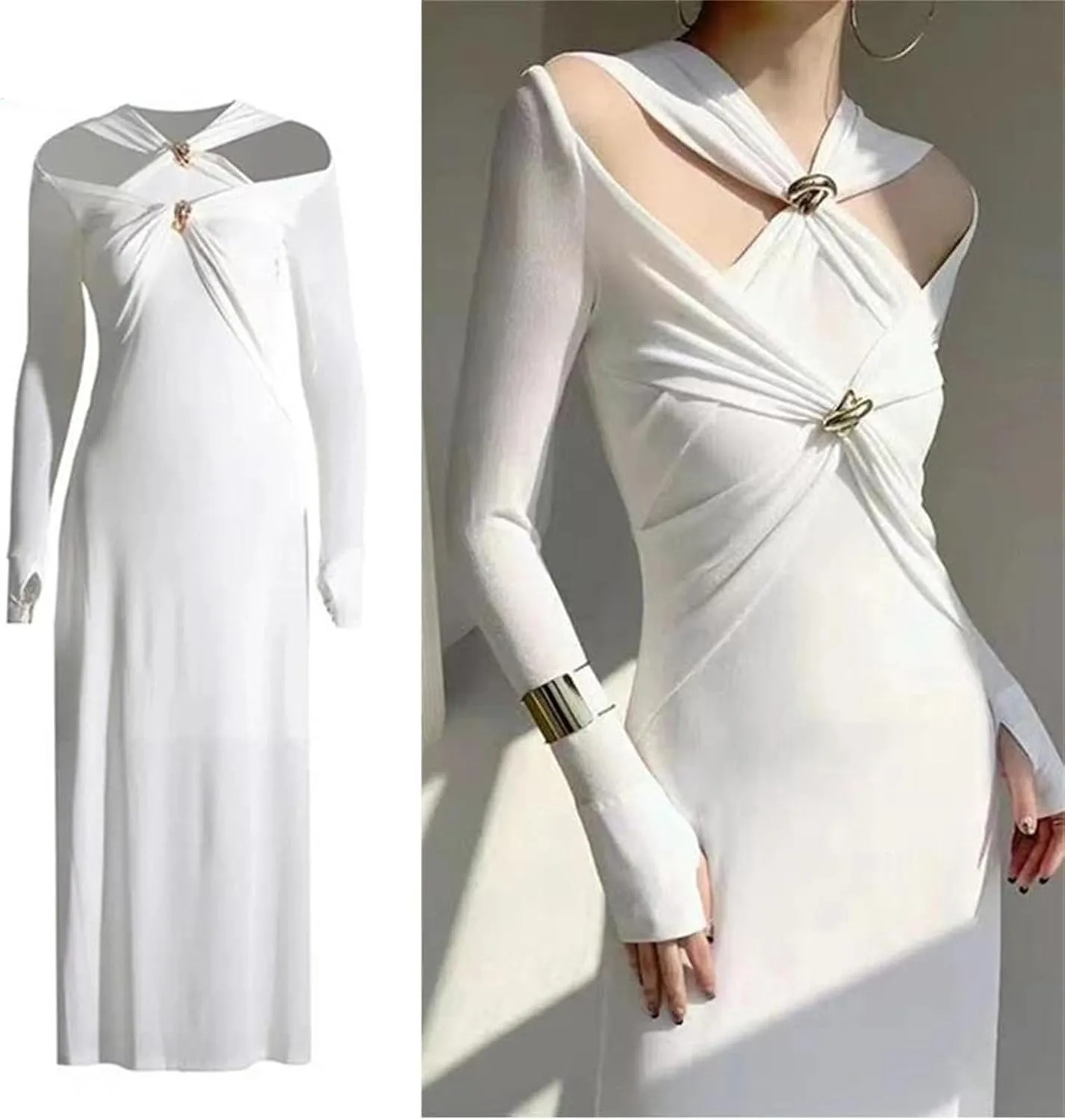 Women's White Crosscriss Hollow Out Knit Dress - V-Neck Long Sleeve Metal Button Slim Trendy