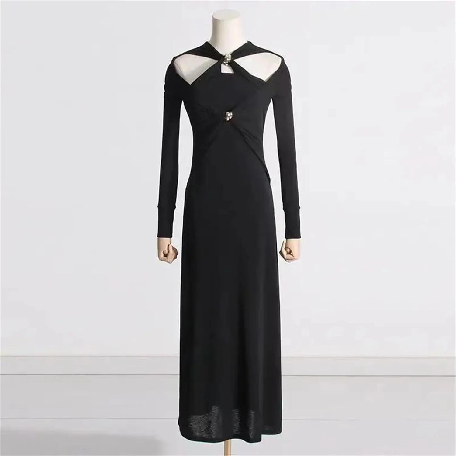 Women's White Crosscriss Hollow Out Knit Dress - V-Neck Long Sleeve Metal Button Slim Trendy