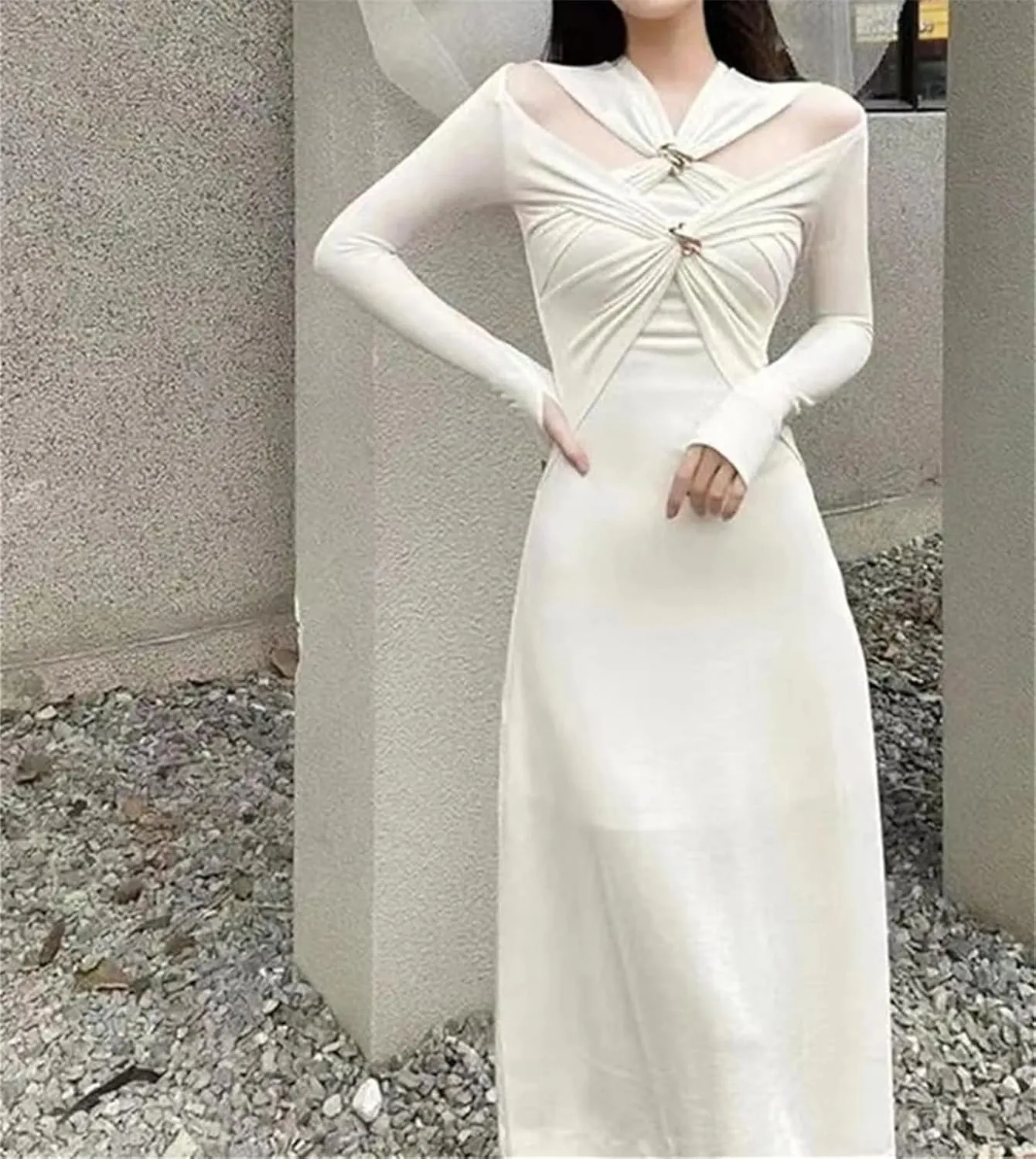 Women's White Crosscriss Hollow Out Knit Dress - V-Neck Long Sleeve Metal Button Slim Trendy