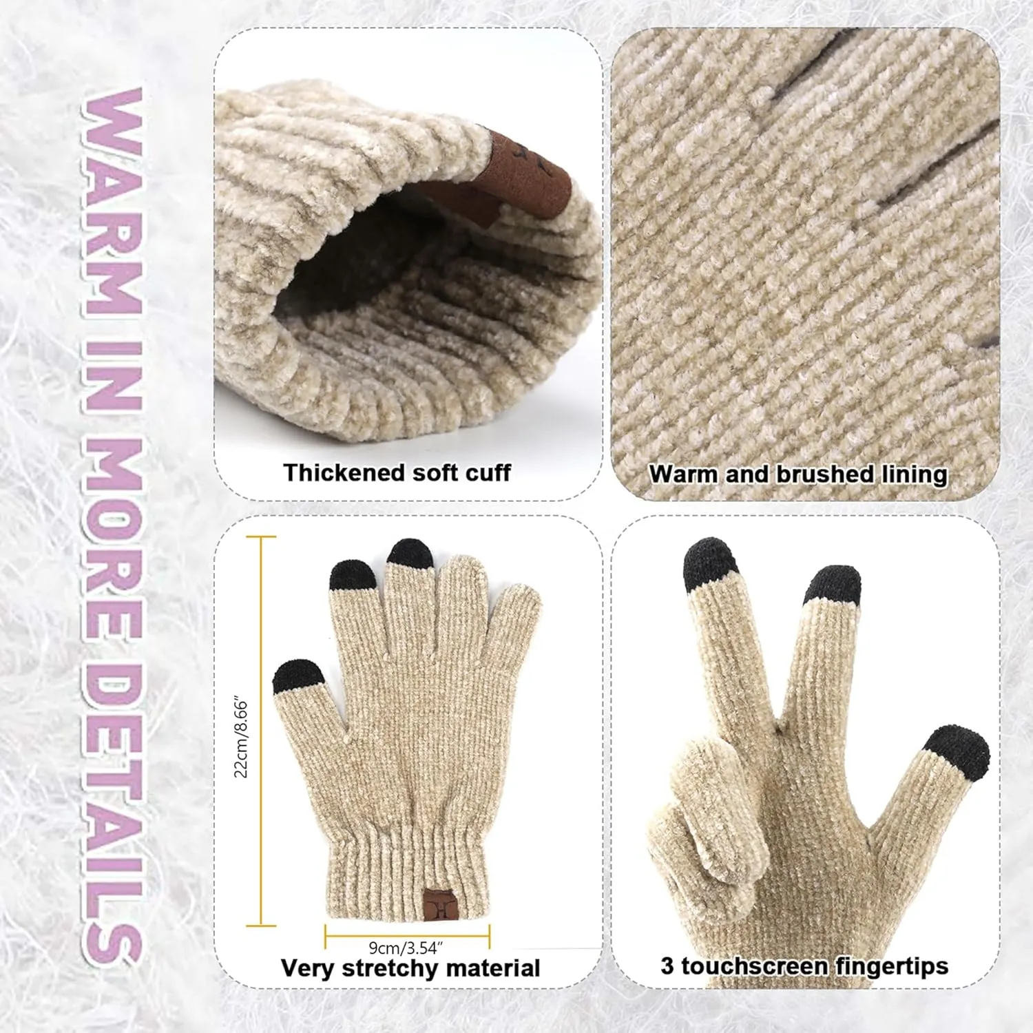 Womens Winter Knit Warm Hat Beanie Long Scarf Touch Screen Gloves Set Skull Caps Neck Scarves for Women