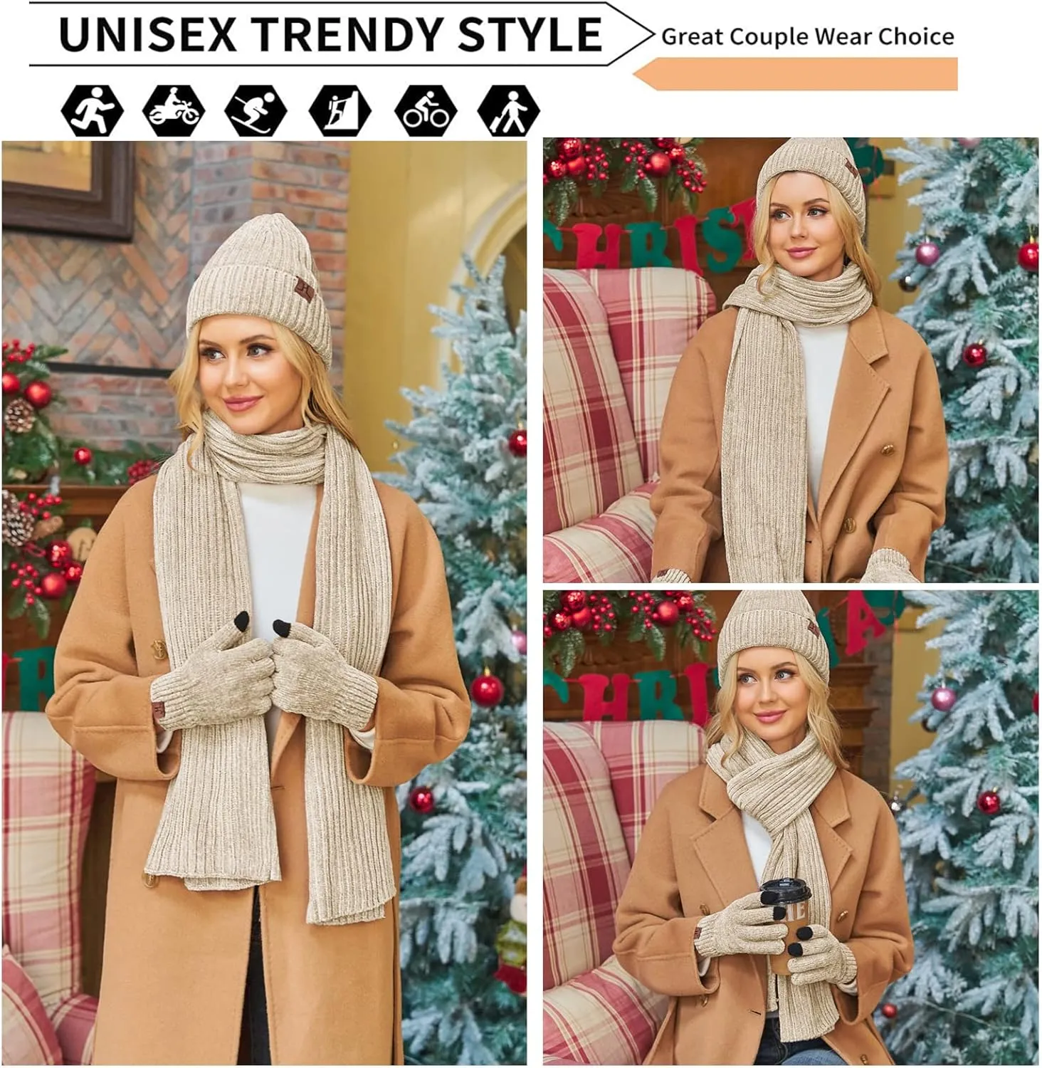Womens Winter Knit Warm Hat Beanie Long Scarf Touch Screen Gloves Set Skull Caps Neck Scarves for Women