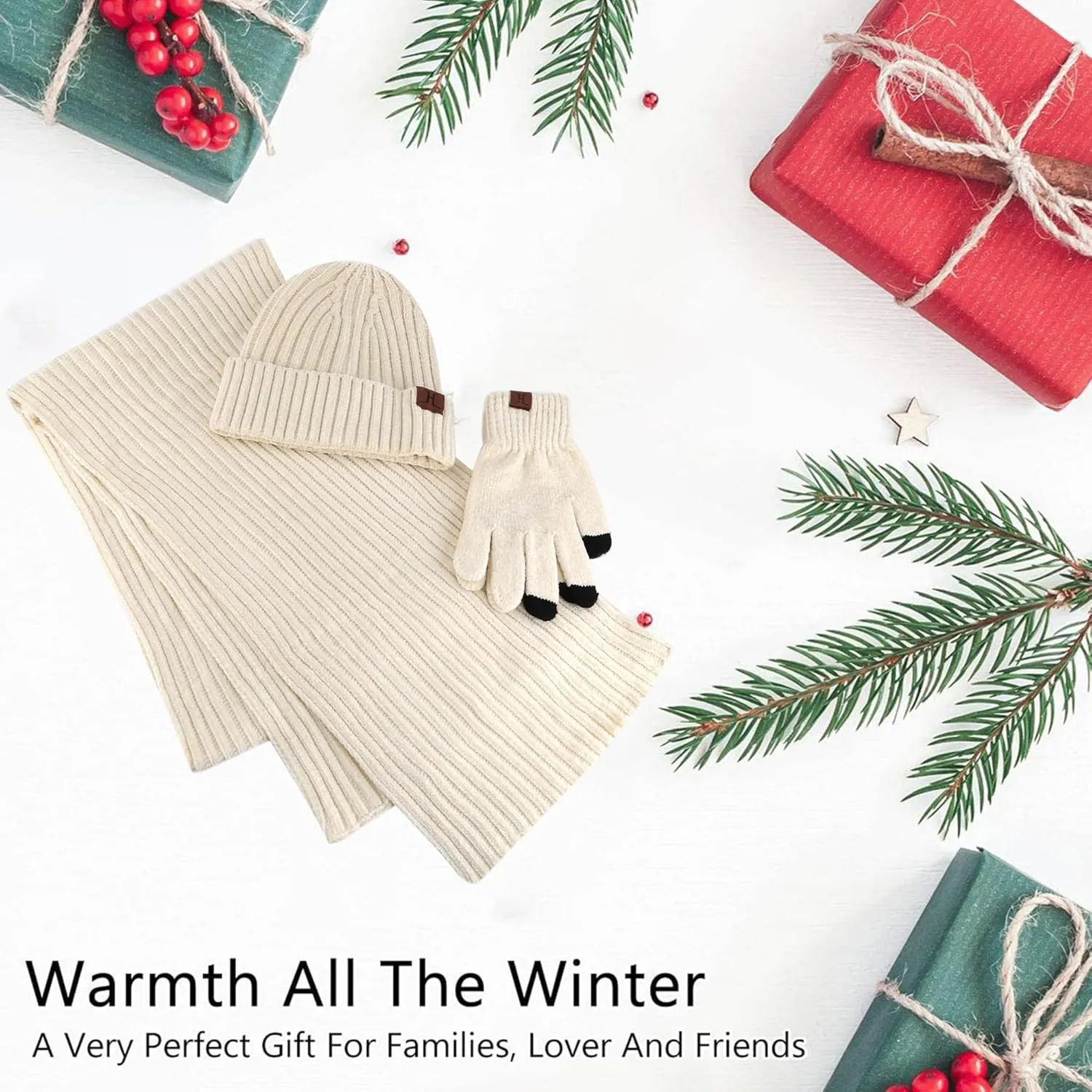 Womens Winter Knit Warm Hat Beanie Long Scarf Touch Screen Gloves Set Skull Caps Neck Scarves for Women