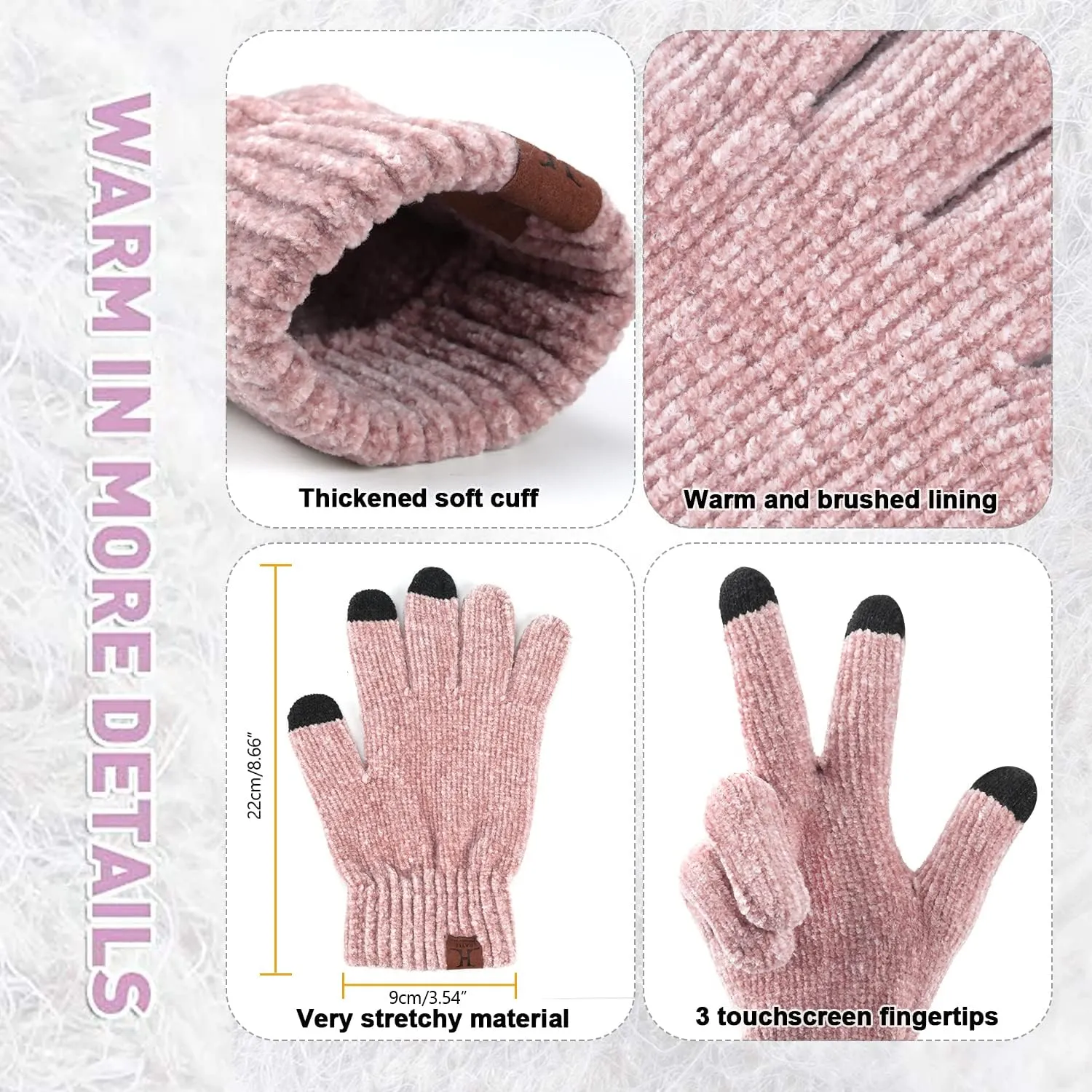 Womens Winter Knit Warm Hat Beanie Long Scarf Touch Screen Gloves Set Skull Caps Neck Scarves for Women