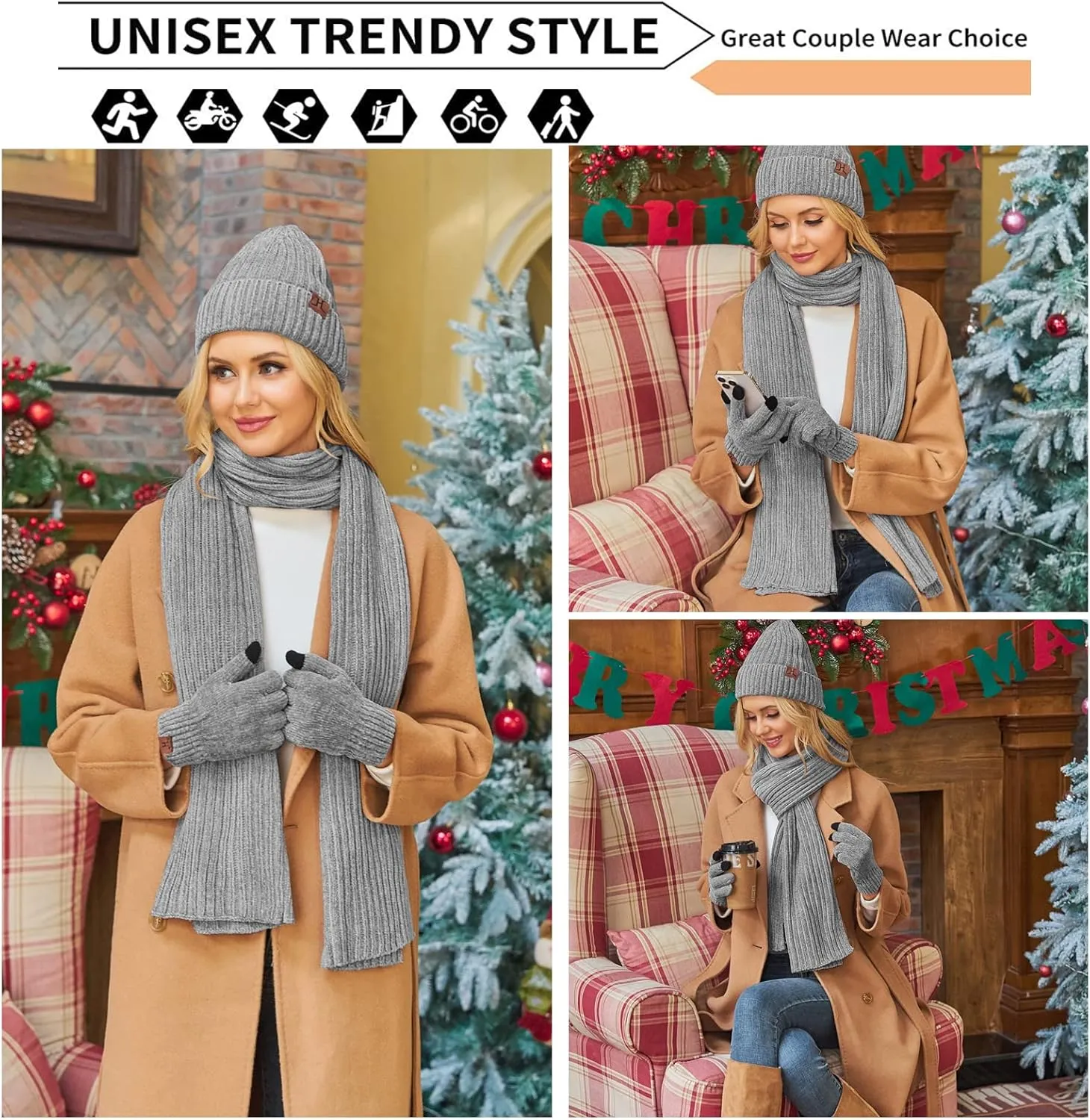 Womens Winter Knit Warm Hat Beanie Long Scarf Touch Screen Gloves Set Skull Caps Neck Scarves for Women
