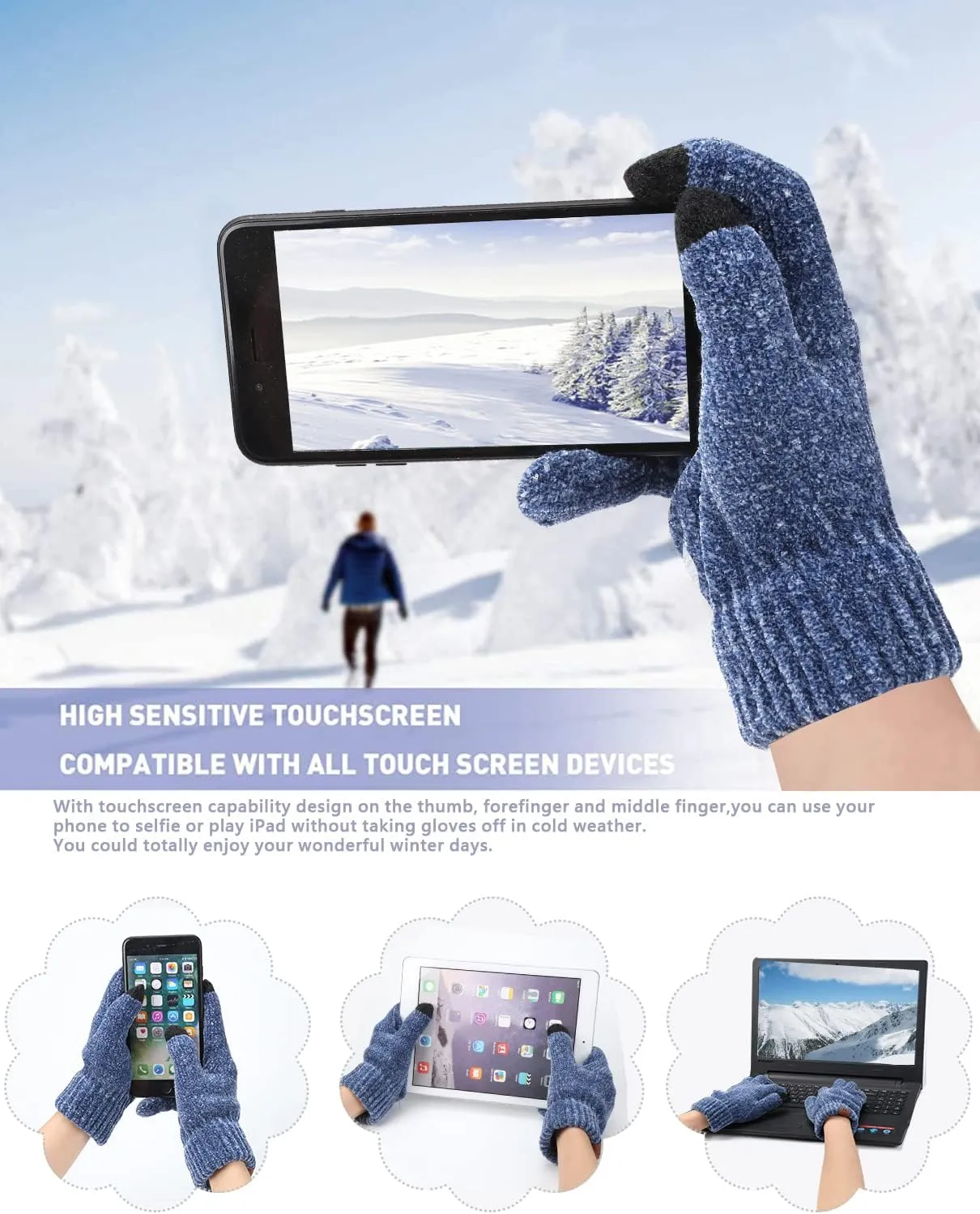 Womens Winter Knit Warm Hat Beanie Long Scarf Touch Screen Gloves Set Skull Caps Neck Scarves for Women