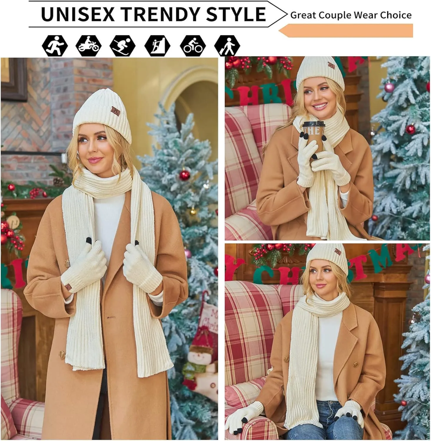 Womens Winter Knit Warm Hat Beanie Long Scarf Touch Screen Gloves Set Skull Caps Neck Scarves for Women