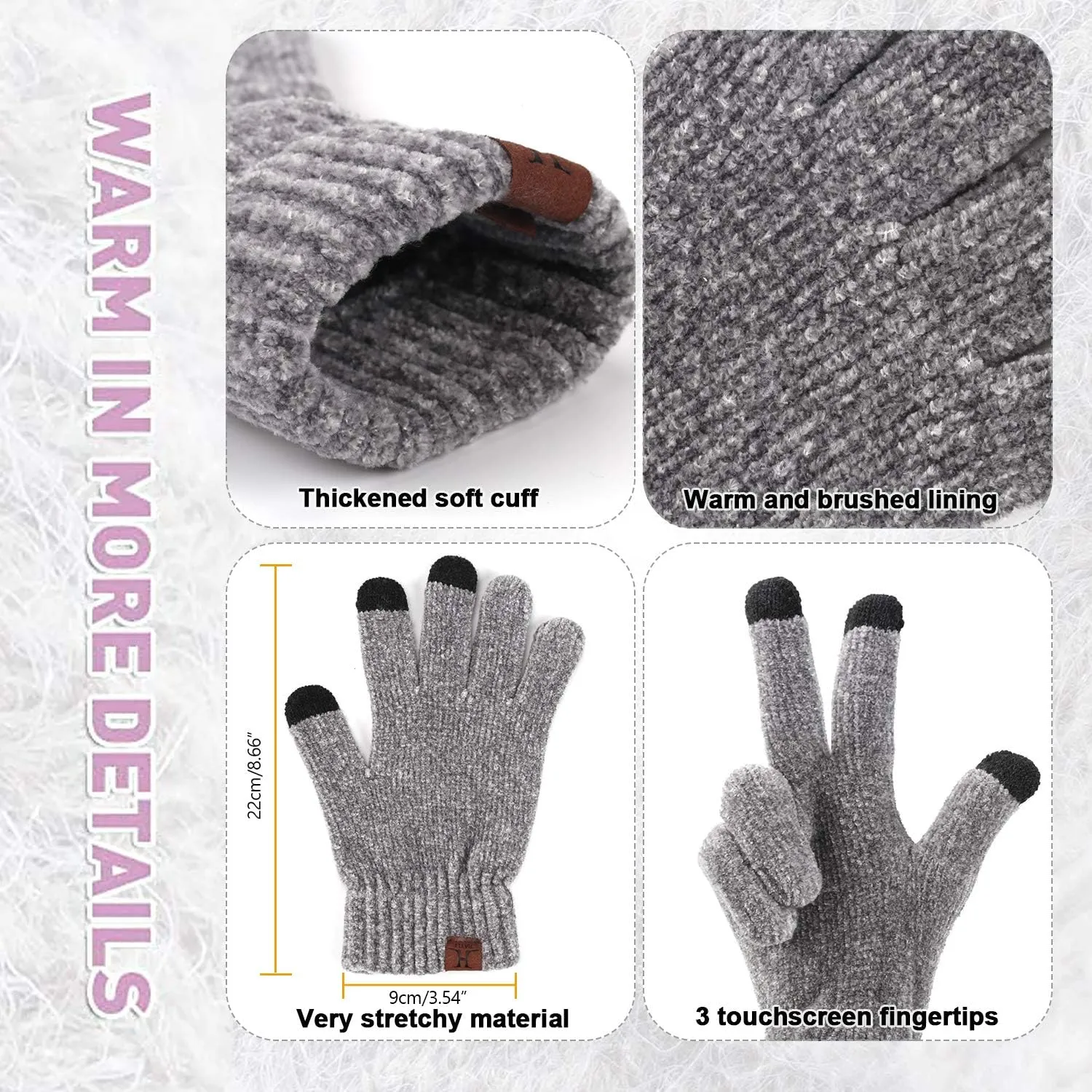 Womens Winter Knit Warm Hat Beanie Long Scarf Touch Screen Gloves Set Skull Caps Neck Scarves for Women