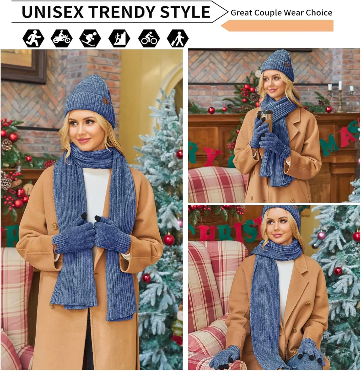 Womens Winter Knit Warm Hat Beanie Long Scarf Touch Screen Gloves Set Skull Caps Neck Scarves for Women