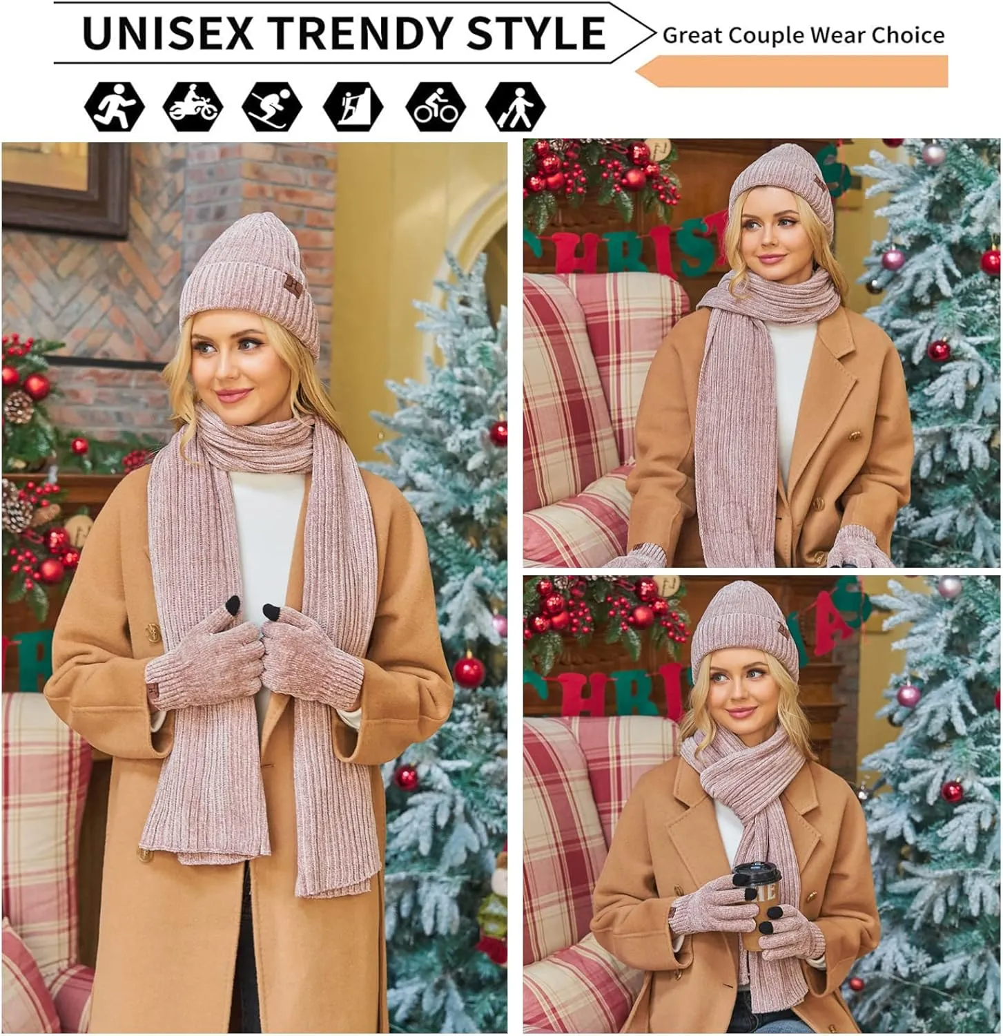Womens Winter Knit Warm Hat Beanie Long Scarf Touch Screen Gloves Set Skull Caps Neck Scarves for Women