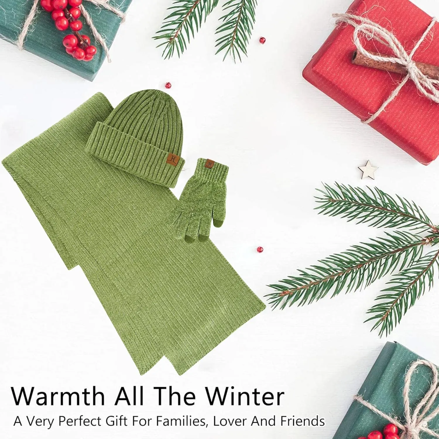 Womens Winter Knit Warm Hat Beanie Long Scarf Touch Screen Gloves Set Skull Caps Neck Scarves for Women