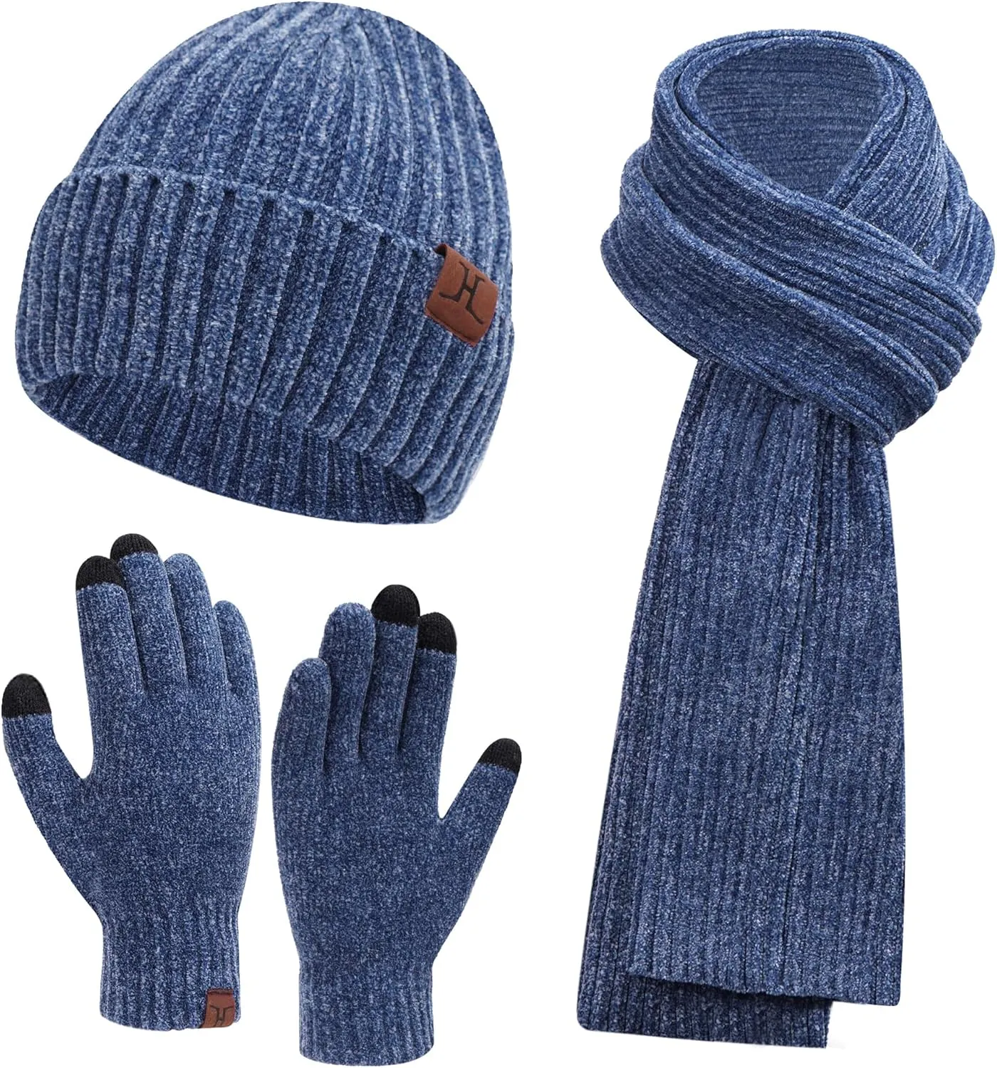 Womens Winter Knit Warm Hat Beanie Long Scarf Touch Screen Gloves Set Skull Caps Neck Scarves for Women