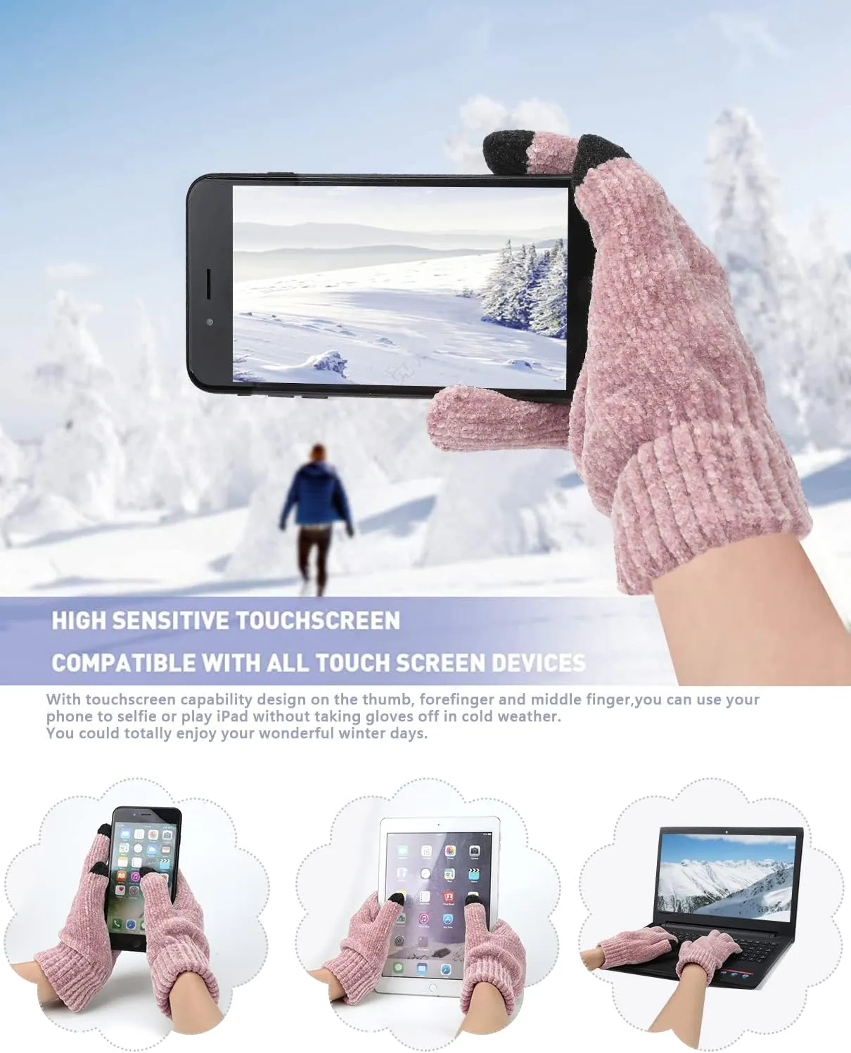 Womens Winter Knit Warm Hat Beanie Long Scarf Touch Screen Gloves Set Skull Caps Neck Scarves for Women