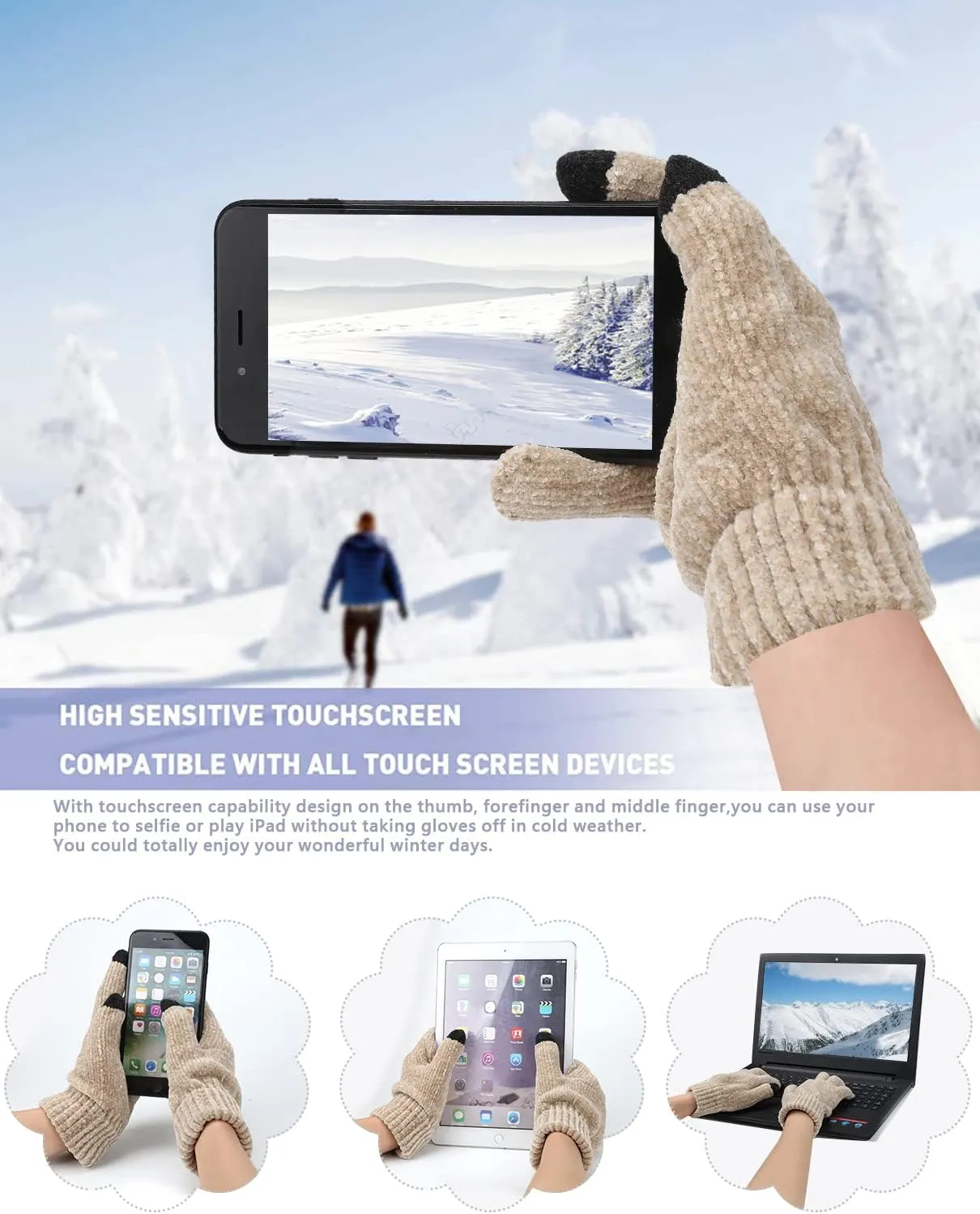 Womens Winter Knit Warm Hat Beanie Long Scarf Touch Screen Gloves Set Skull Caps Neck Scarves for Women