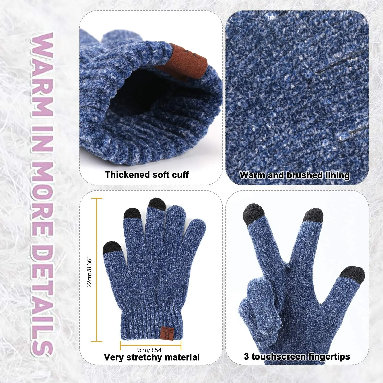 Womens Winter Knit Warm Hat Beanie Long Scarf Touch Screen Gloves Set Skull Caps Neck Scarves for Women
