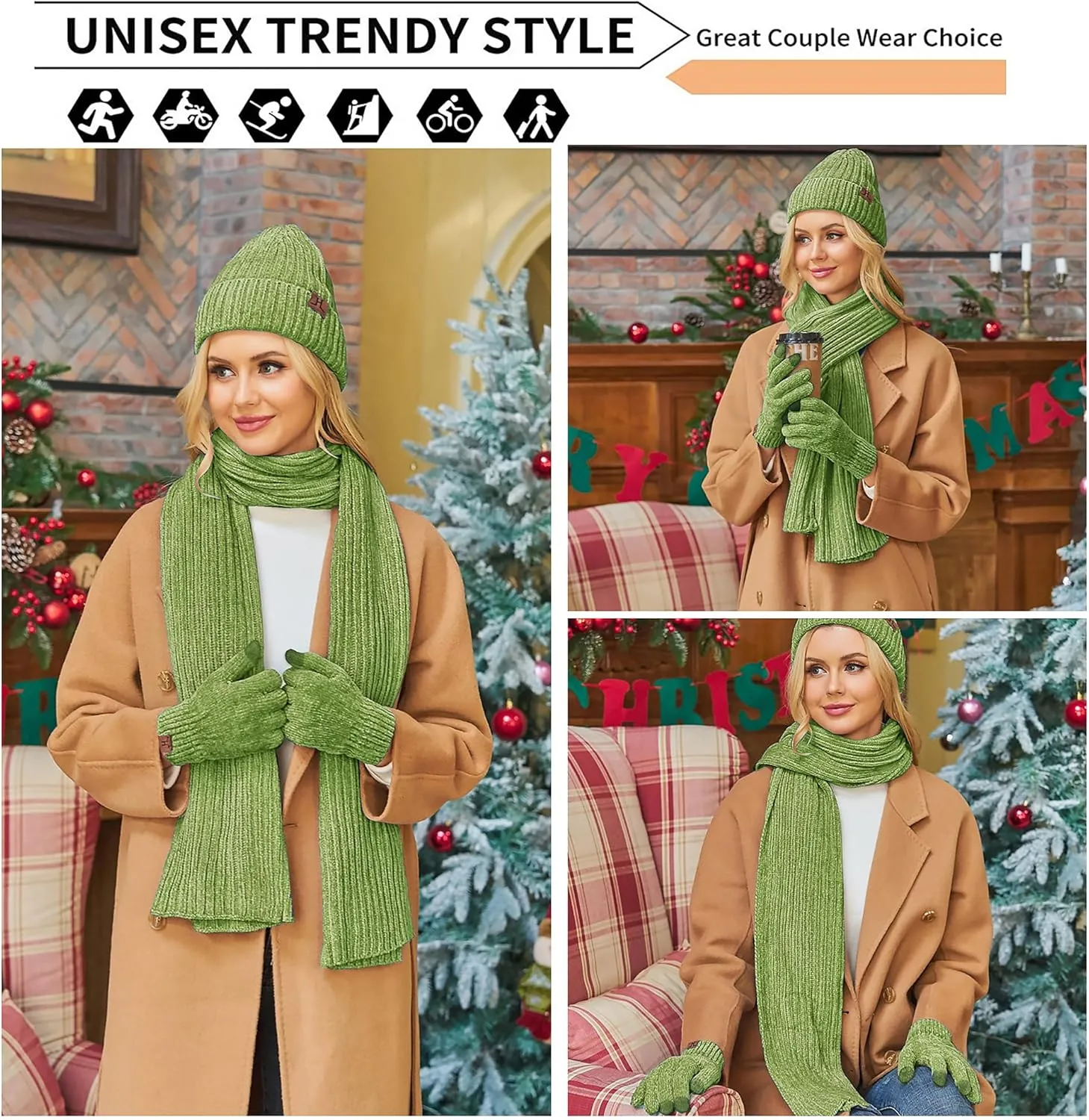 Womens Winter Knit Warm Hat Beanie Long Scarf Touch Screen Gloves Set Skull Caps Neck Scarves for Women