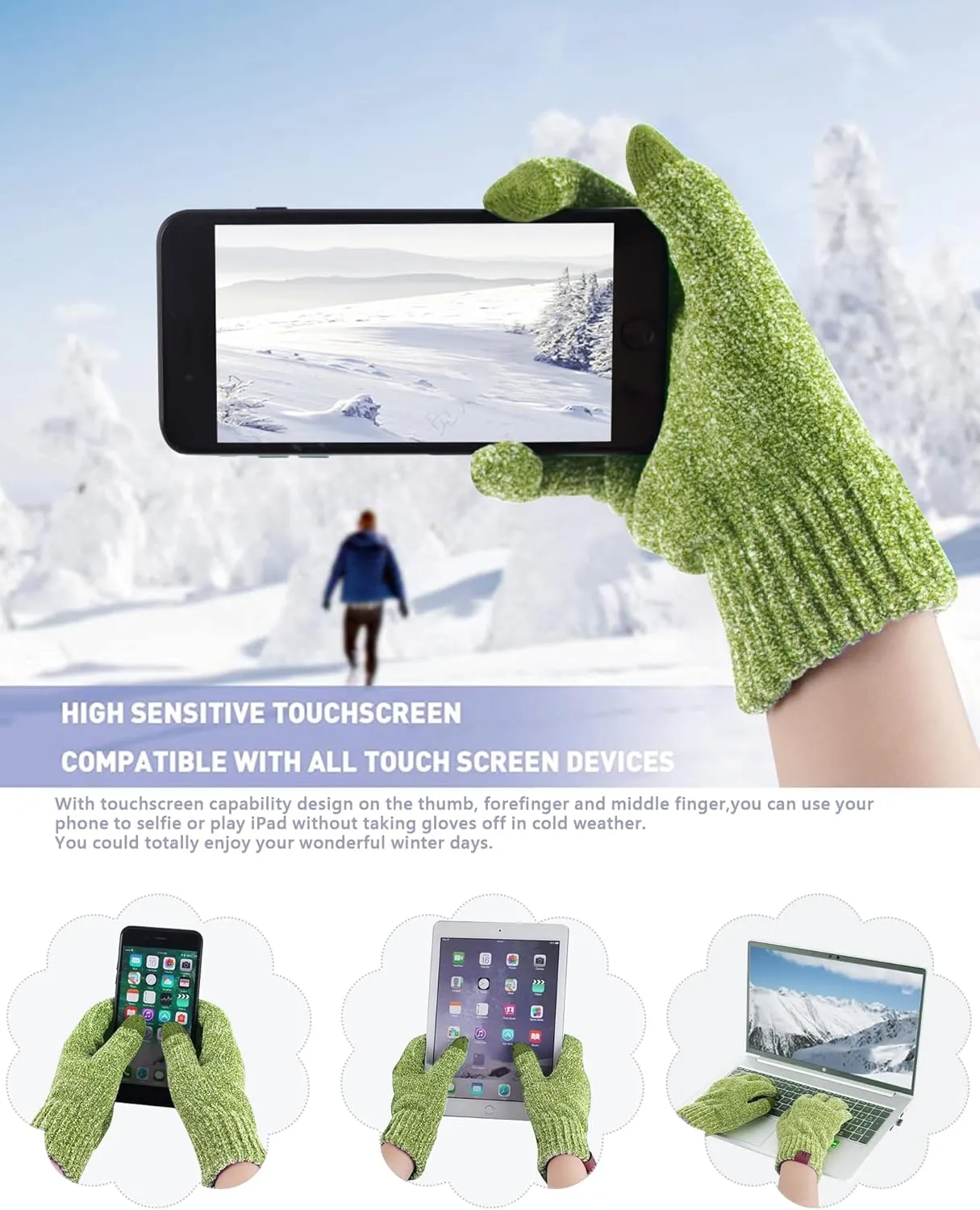 Womens Winter Knit Warm Hat Beanie Long Scarf Touch Screen Gloves Set Skull Caps Neck Scarves for Women
