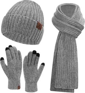 Womens Winter Knit Warm Hat Beanie Long Scarf Touch Screen Gloves Set Skull Caps Neck Scarves for Women