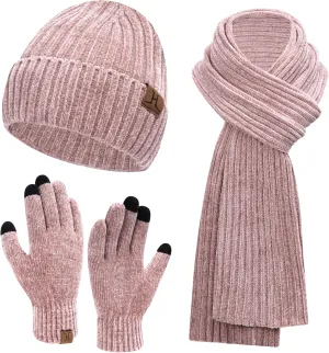 Womens Winter Knit Warm Hat Beanie Long Scarf Touch Screen Gloves Set Skull Caps Neck Scarves for Women