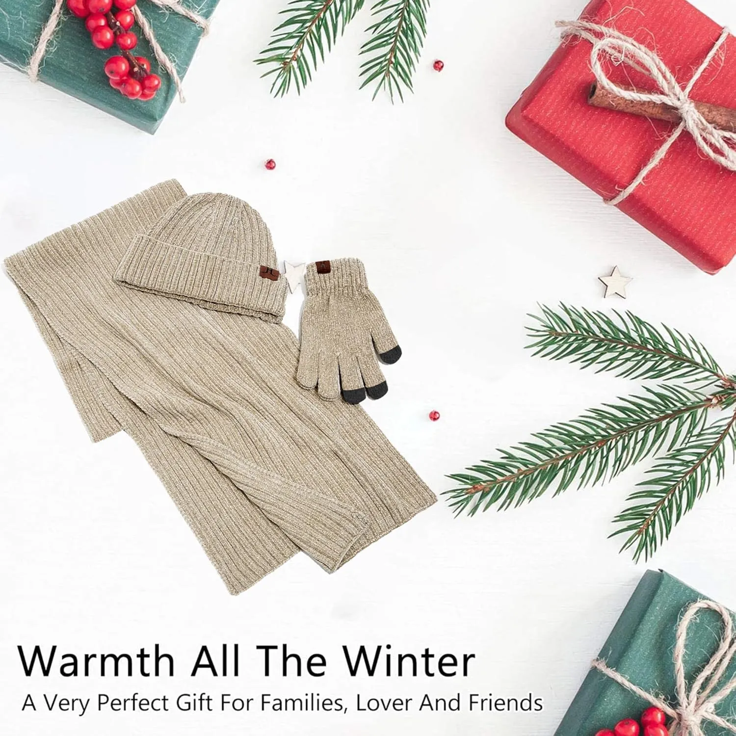Womens Winter Knit Warm Hat Beanie Long Scarf Touch Screen Gloves Set Skull Caps Neck Scarves for Women