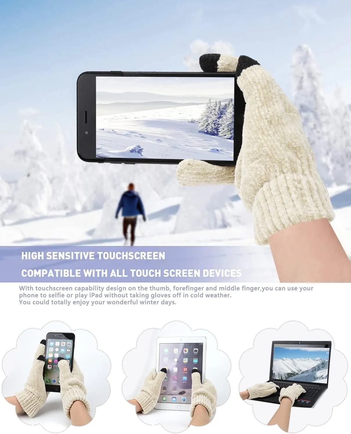 Womens Winter Knit Warm Hat Beanie Long Scarf Touch Screen Gloves Set Skull Caps Neck Scarves for Women