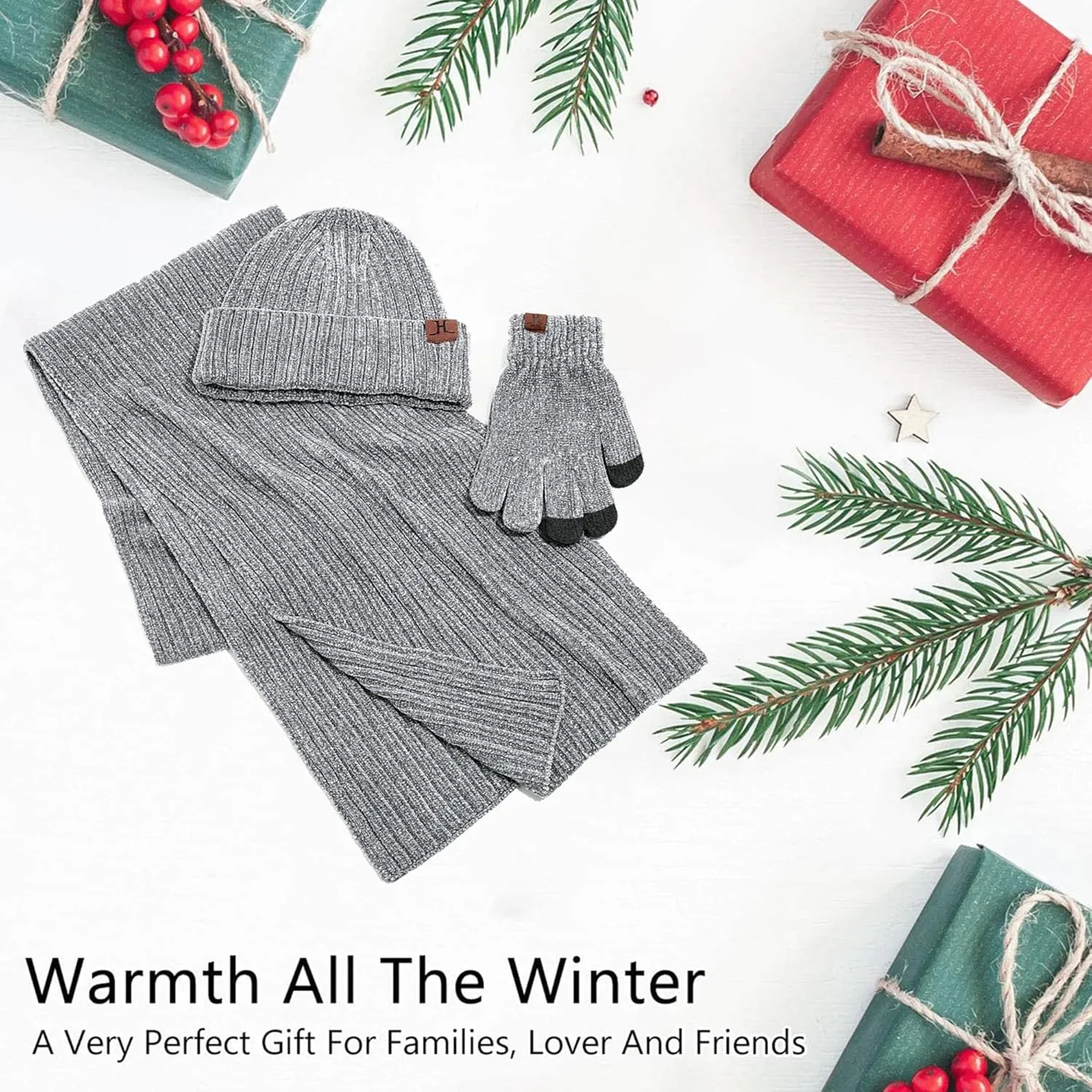 Womens Winter Knit Warm Hat Beanie Long Scarf Touch Screen Gloves Set Skull Caps Neck Scarves for Women