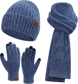 Womens Winter Knit Warm Hat Beanie Long Scarf Touch Screen Gloves Set Skull Caps Neck Scarves for Women