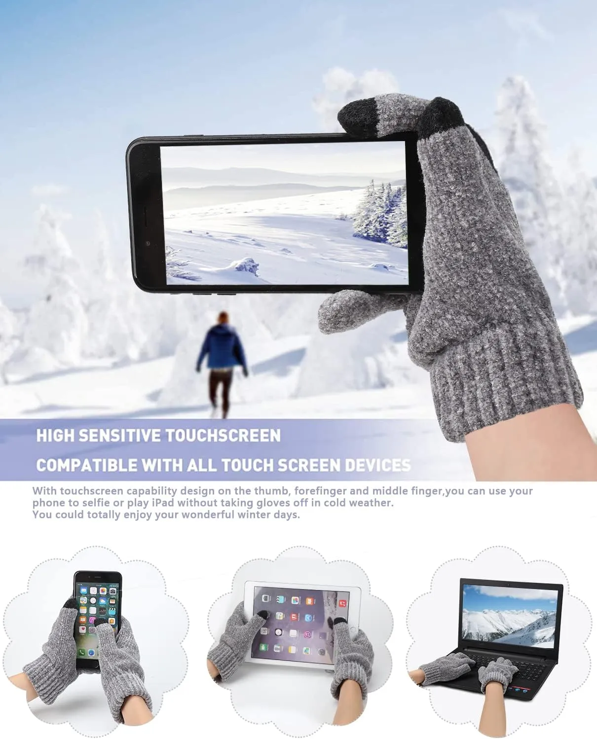 Womens Winter Knit Warm Hat Beanie Long Scarf Touch Screen Gloves Set Skull Caps Neck Scarves for Women