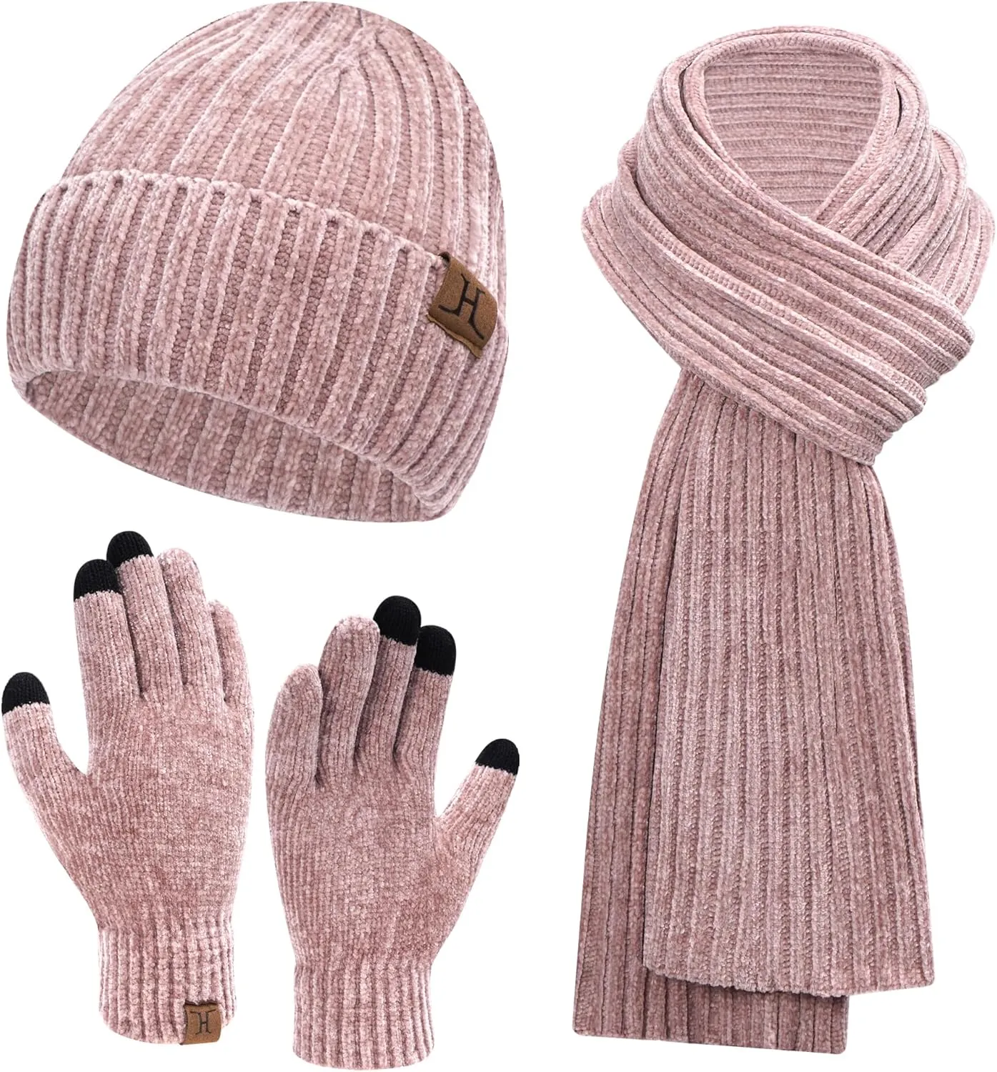 Womens Winter Knit Warm Hat Beanie Long Scarf Touch Screen Gloves Set Skull Caps Neck Scarves for Women