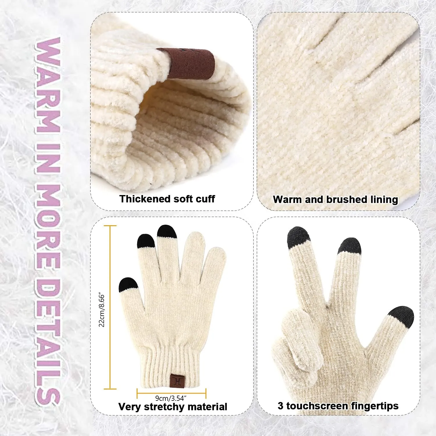 Womens Winter Knit Warm Hat Beanie Long Scarf Touch Screen Gloves Set Skull Caps Neck Scarves for Women
