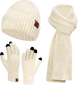 Womens Winter Knit Warm Hat Beanie Long Scarf Touch Screen Gloves Set Skull Caps Neck Scarves for Women