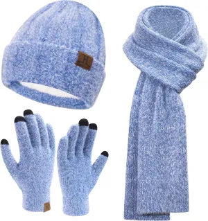 Womens Winter Warm Knit Beanie Hat Touchscreen Gloves Long Neck Scarf Set with Fleece Lined Skull Caps Gifts for Women